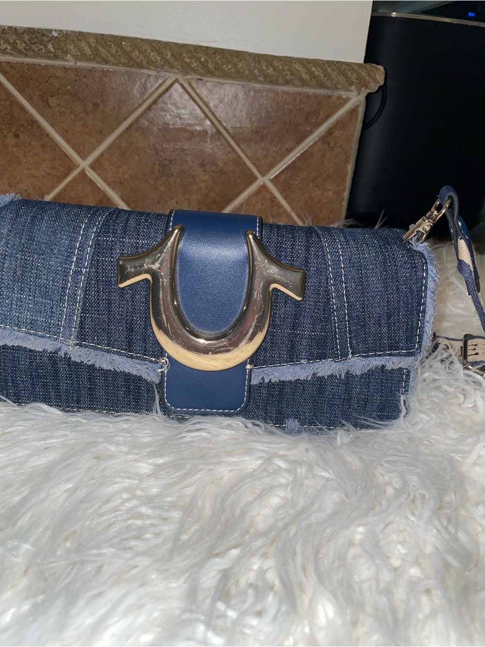 True Religion Denim Clutch with Gold Horseshoe Accent - Blue